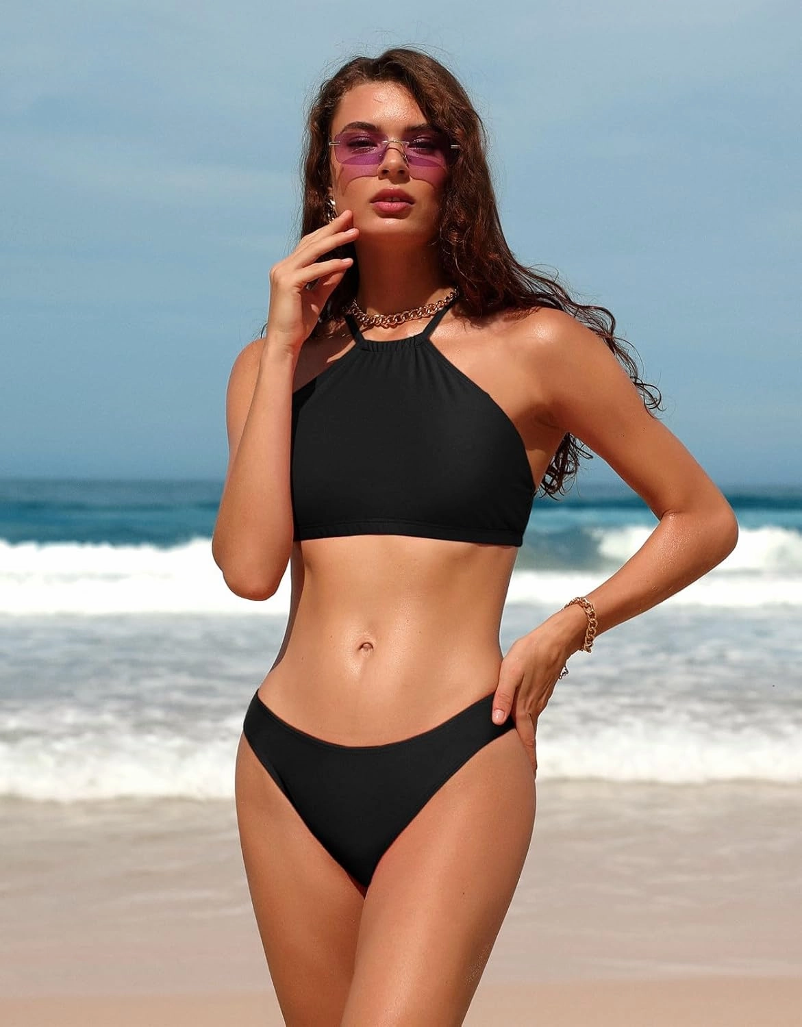 beautyin Womens Floral Striped Halter High Neck Bikini Swimsuit Set Cross Back