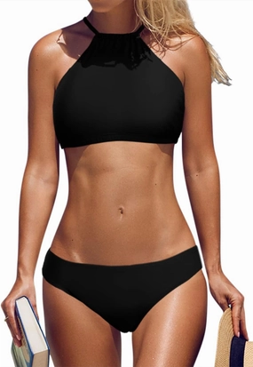 beautyin Womens Floral Striped Halter High Neck Bikini Swimsuit Set Cross Back