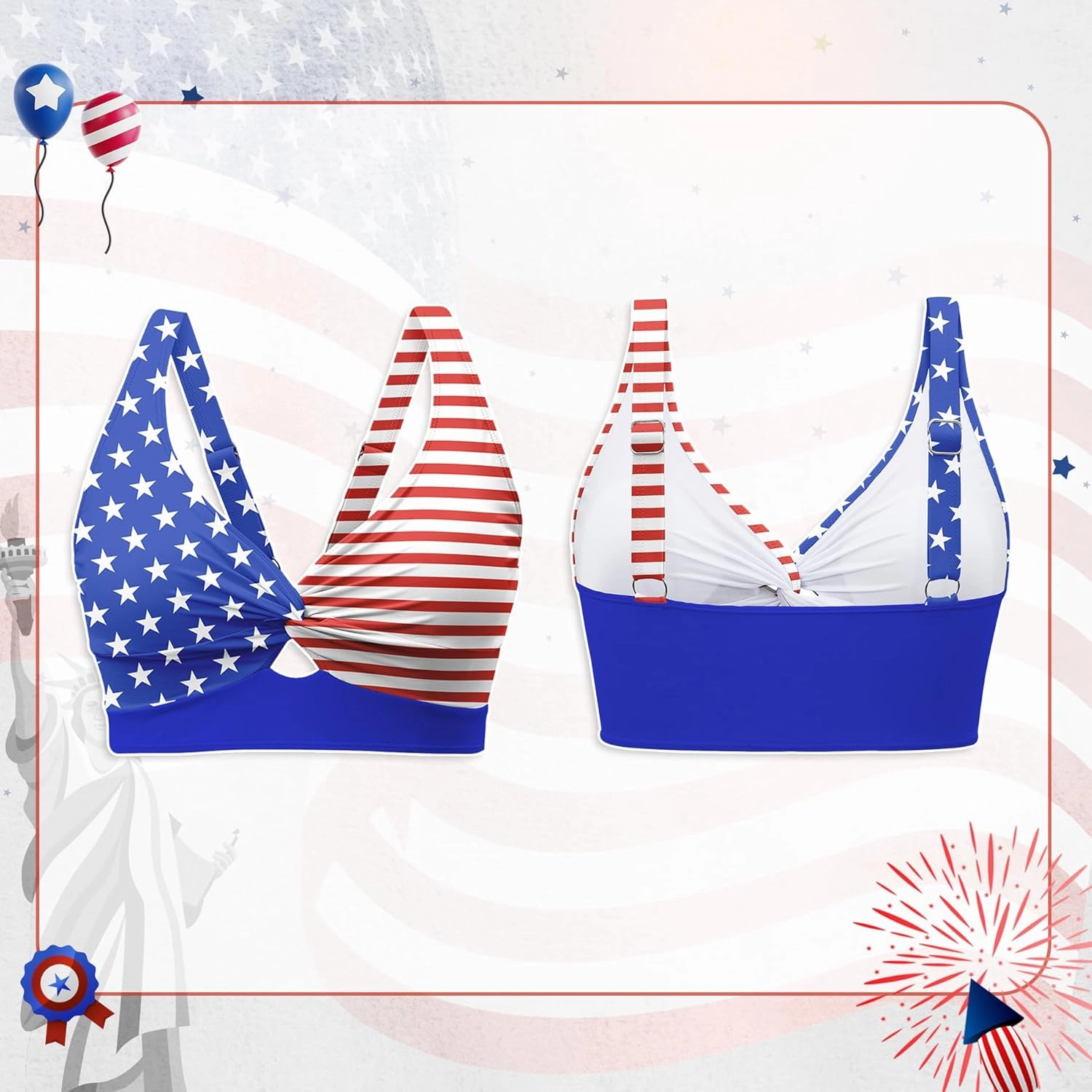 Bikini Tops for Women Padded V Neck Swimsuit Tops Knot Twist Hollow Cut Adjustable Tank Bathing Suits