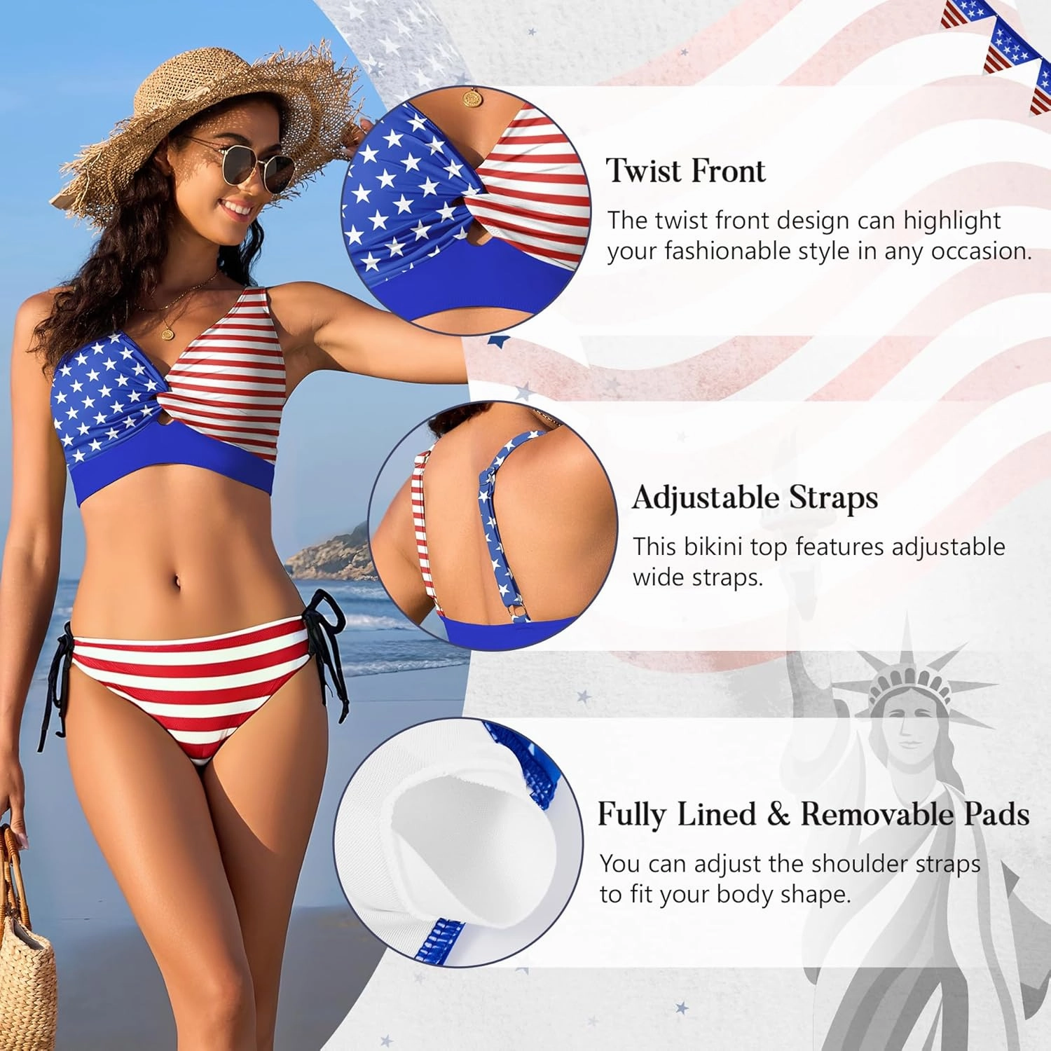 Bikini Tops for Women Padded V Neck Swimsuit Tops Knot Twist Hollow Cut Adjustable Tank Bathing Suits