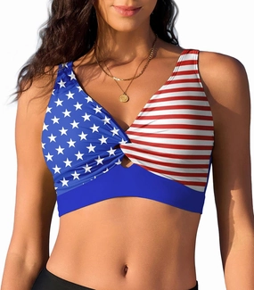 Bikini Tops for Women Padded V Neck Swimsuit Tops Knot Twist Hollow Cut Adjustable Tank Bathing Suits