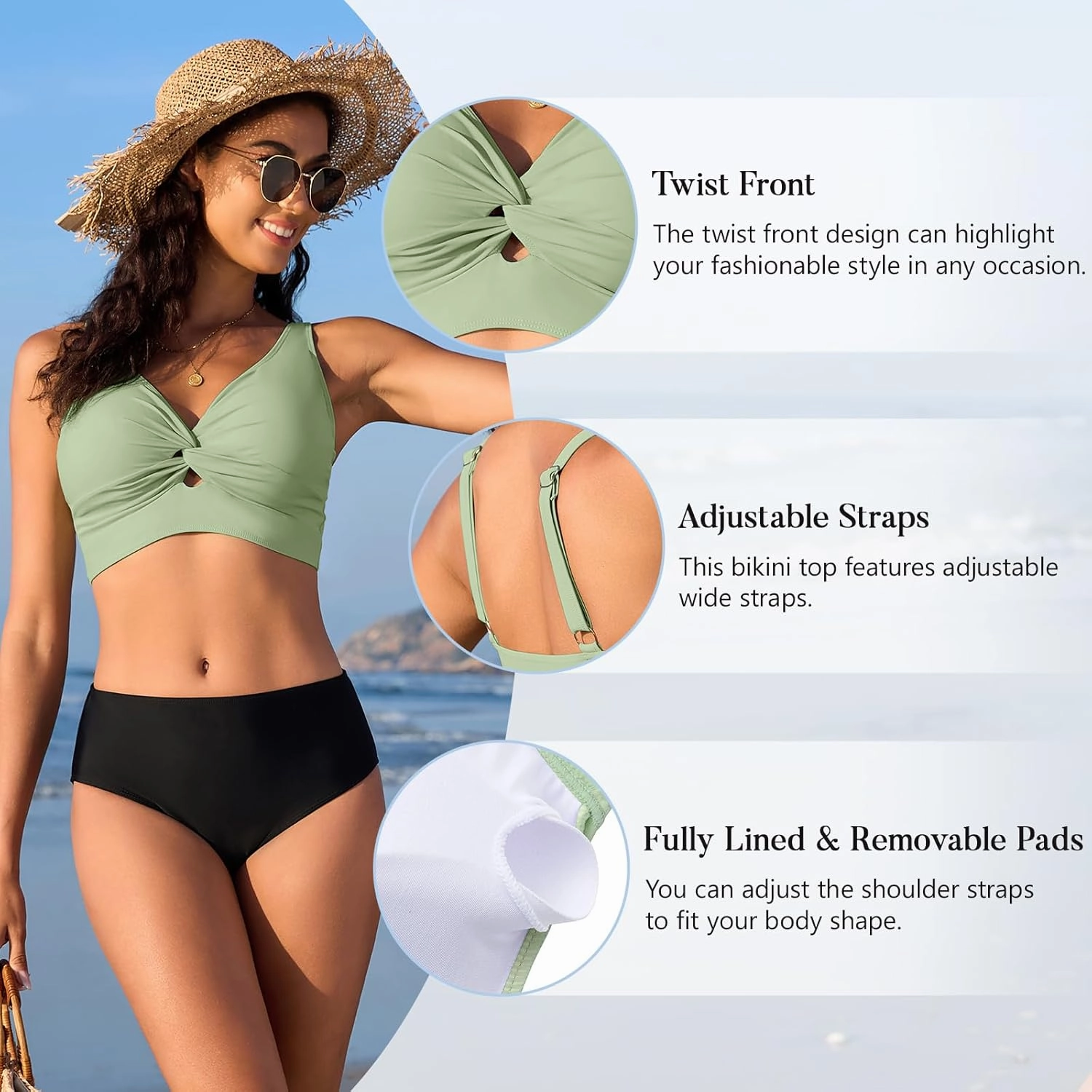 Bikini Tops for Women Padded V Neck Swimsuit Tops Knot Twist Hollow Cut Adjustable Tank Bathing Suits