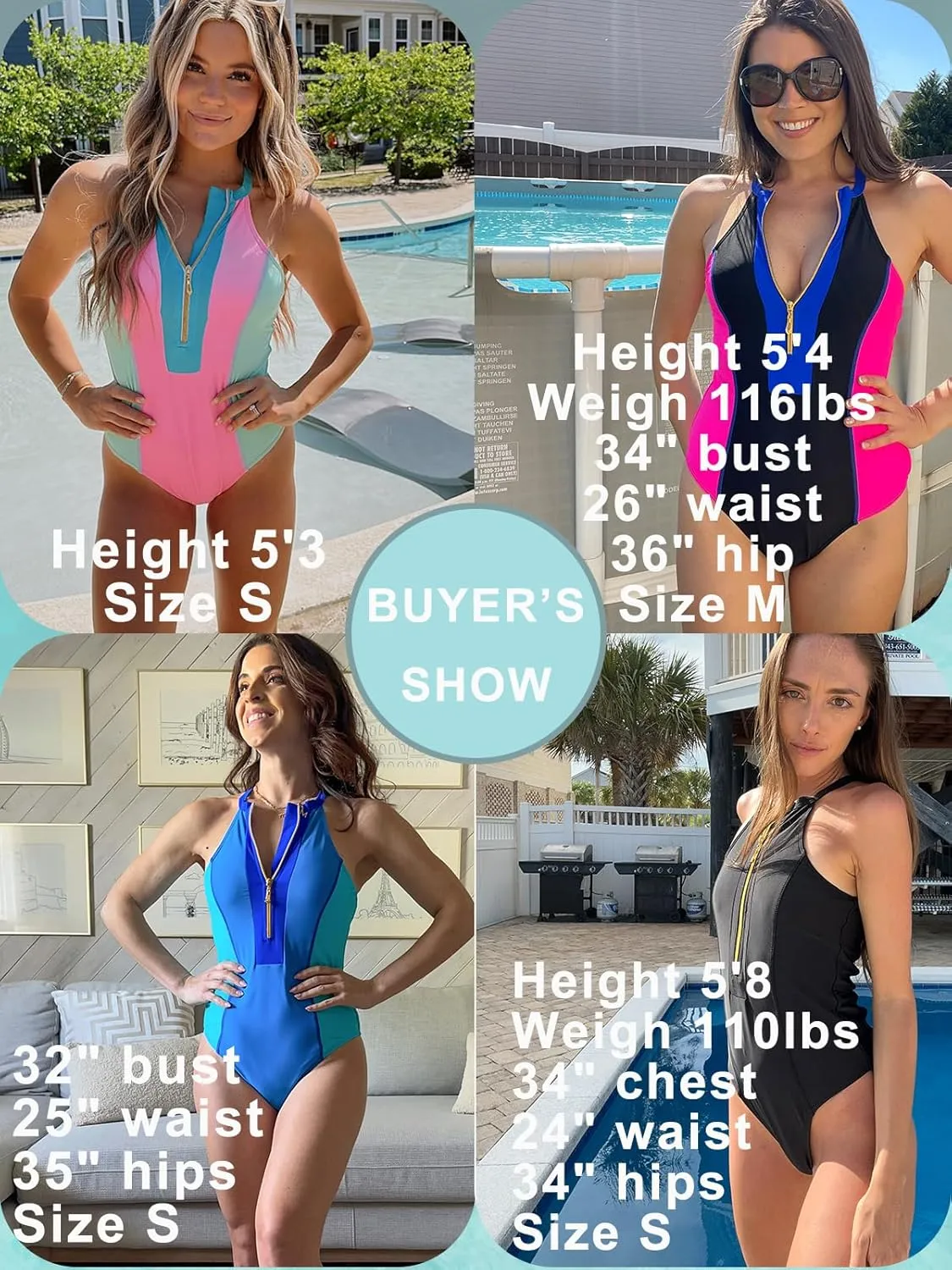 BIKINX Women One Piece Bathing Suit Tummy Control Swimsuits High Neck Zip Front Monokini Color Block Rash Guard Swimwear