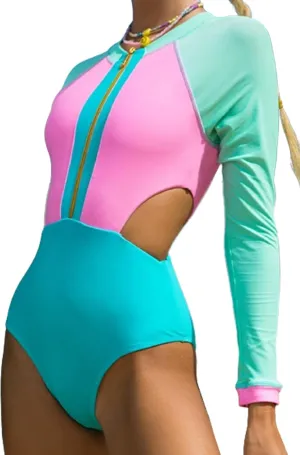 BIKINX Women One Piece Bathing Suit Tummy Control Swimsuits High Neck Zip Front Monokini Color Block Rash Guard Swimwear