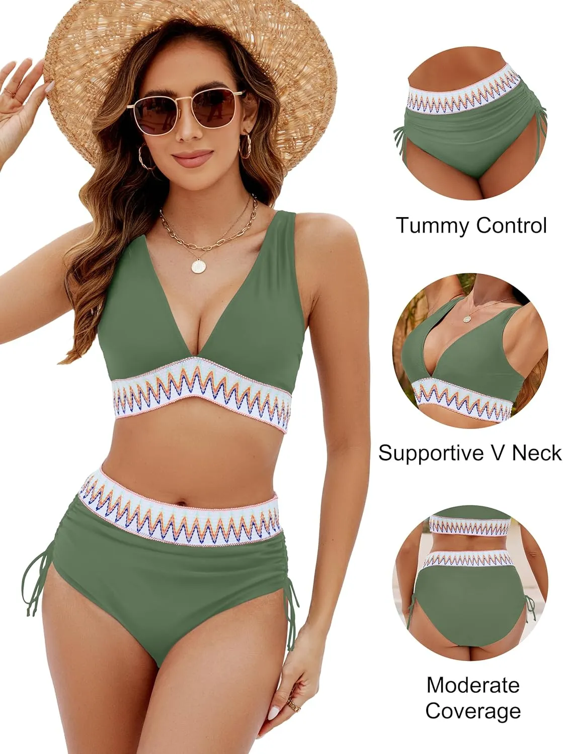 Blooming Jelly Women High Waisted Bikini Sets Tummy Control Swimsuits Color Block Two Piece Drawstring Bathing Suit