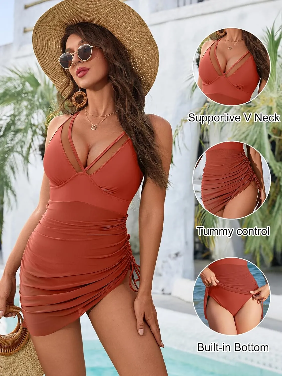 Blooming Jelly Women One Piece Swim Dress Tummy Control Swimsuits Slimming Mesh Sheer Sarong Wraps Bathing Suit