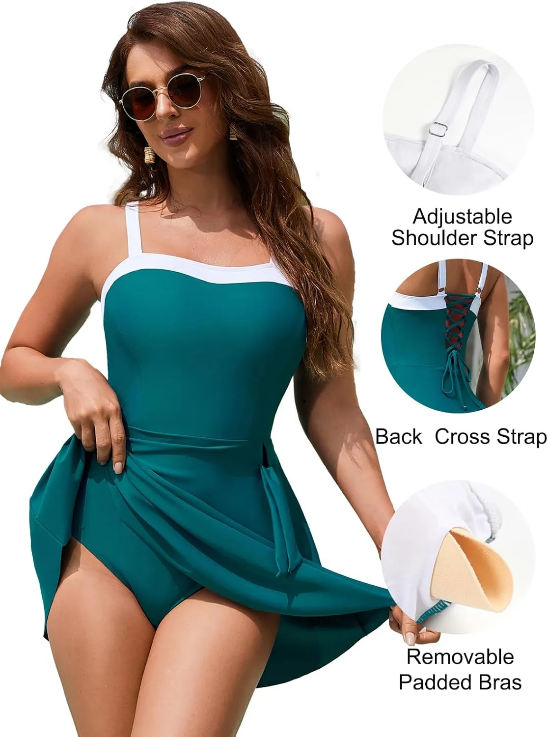 Blooming Jelly Women One Piece Swimsuit Tummy Control Swim Dress Color Block Modest Bathing Suit Retro Swim Suit Skirt