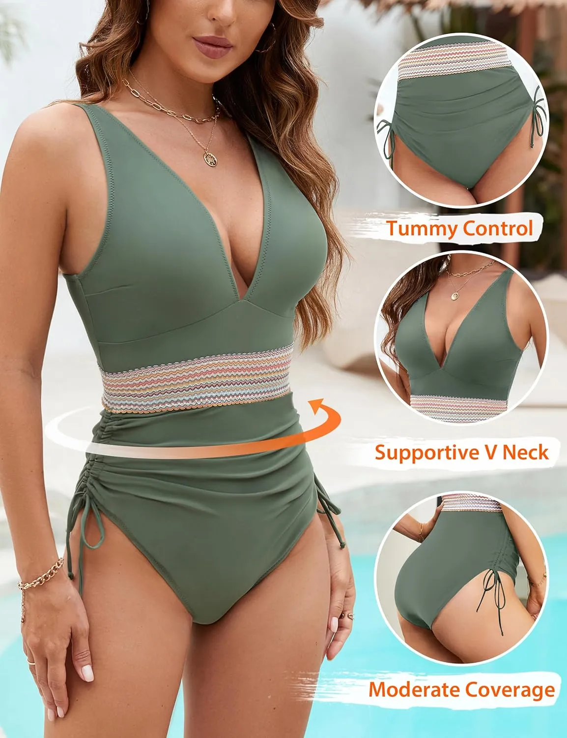 Blooming Jelly Women Tummy Control Swimsuits One Piece Slimming Modest Bathing Suit Color Block Drawstring Swim Suits