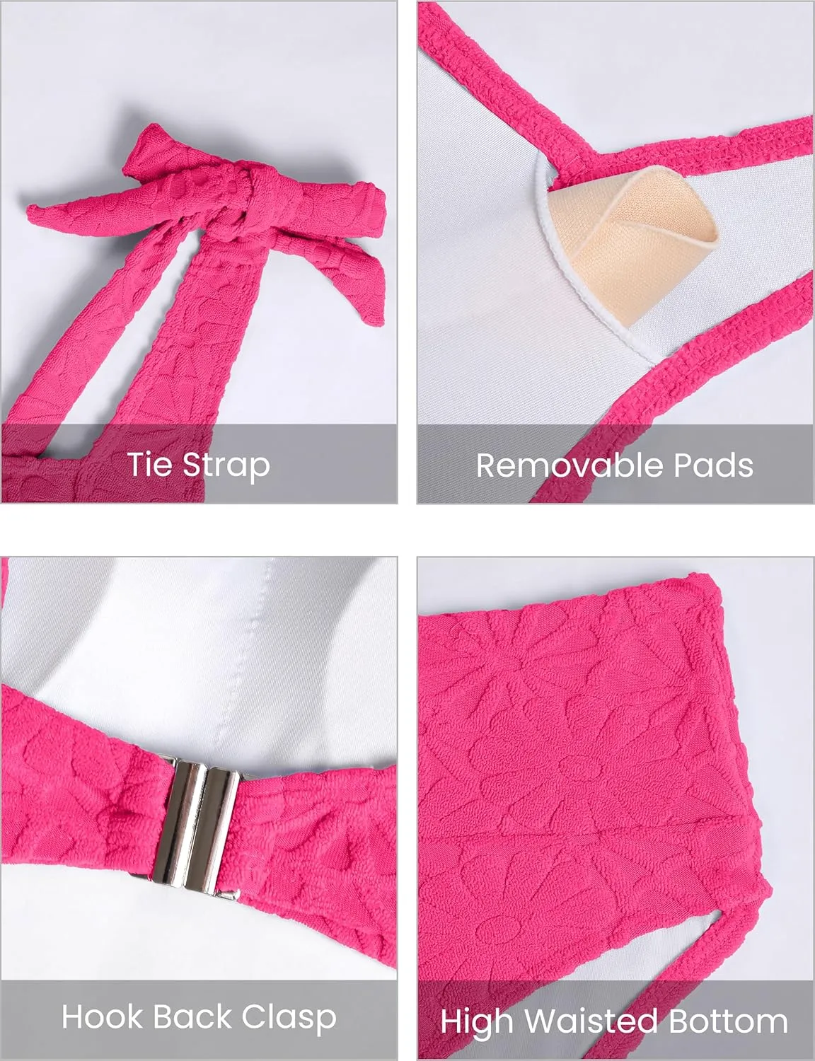Blooming Jelly Womens High Waisted Bikini Set Tie Strap Jacquard Terry Cloth 2 Piece Swimsuit Modest Cute Retro Bathing Suit