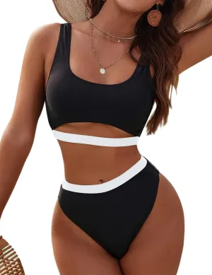 Blooming Jelly Women's High Waisted Bikini Sets High Cut Bathing Suits Two Piece Sporty Cut Out Swimsuits