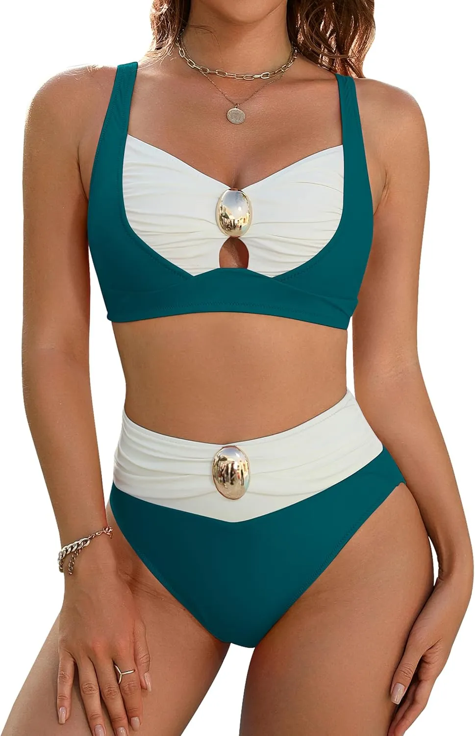 Blooming Jelly Womens High Waisted Bikini Sets Tummy Control Swimsuits Color Block Two Piece Bathing Suit Retro Swimwear