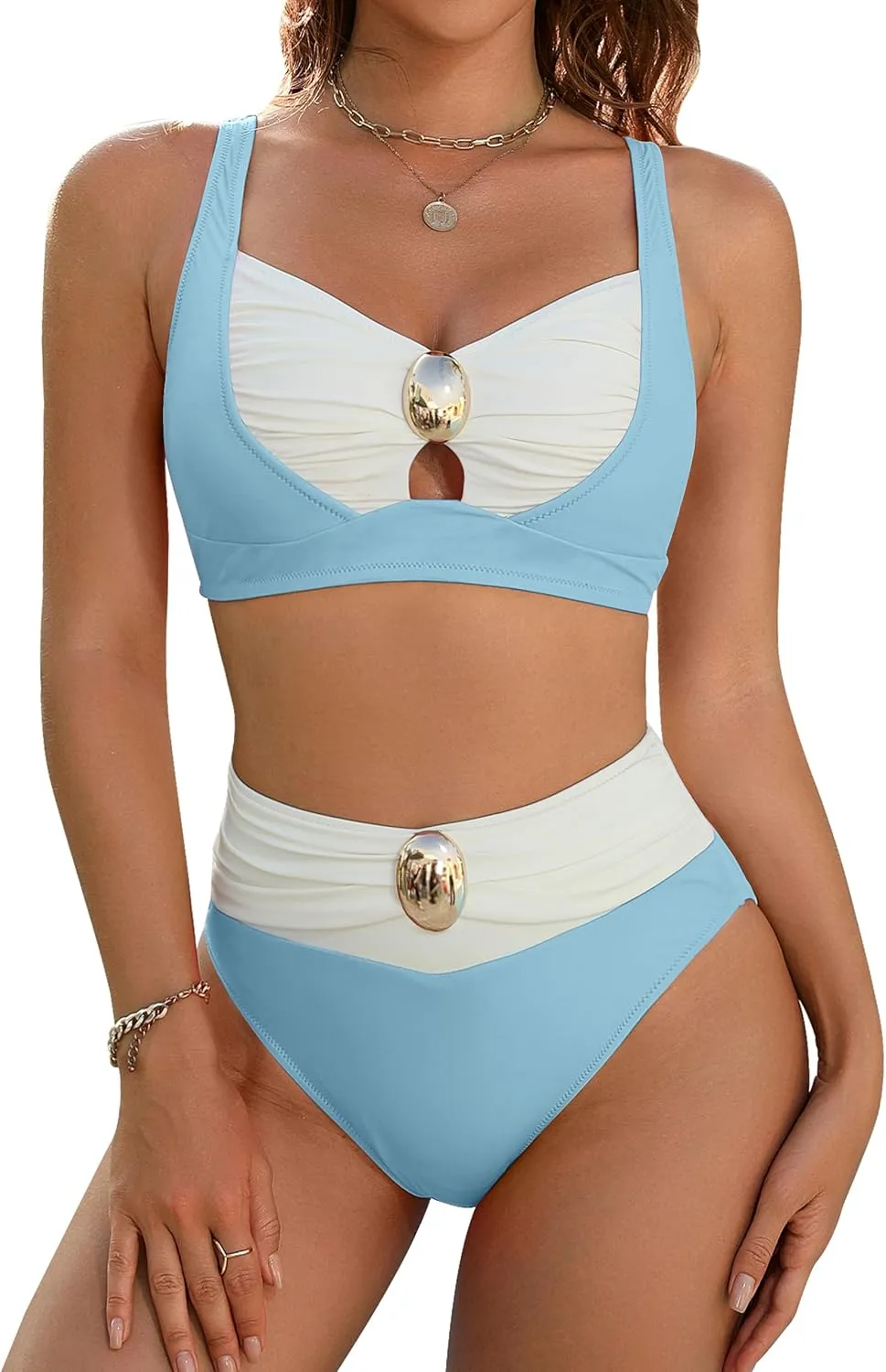 Blooming Jelly Womens High Waisted Bikini Sets Tummy Control Swimsuits Color Block Two Piece Bathing Suit Retro Swimwear