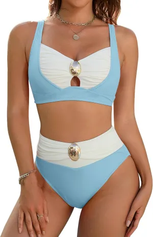 Blooming Jelly Womens High Waisted Bikini Sets Tummy Control Swimsuits Color Block Two Piece Bathing Suit Retro Swimwear