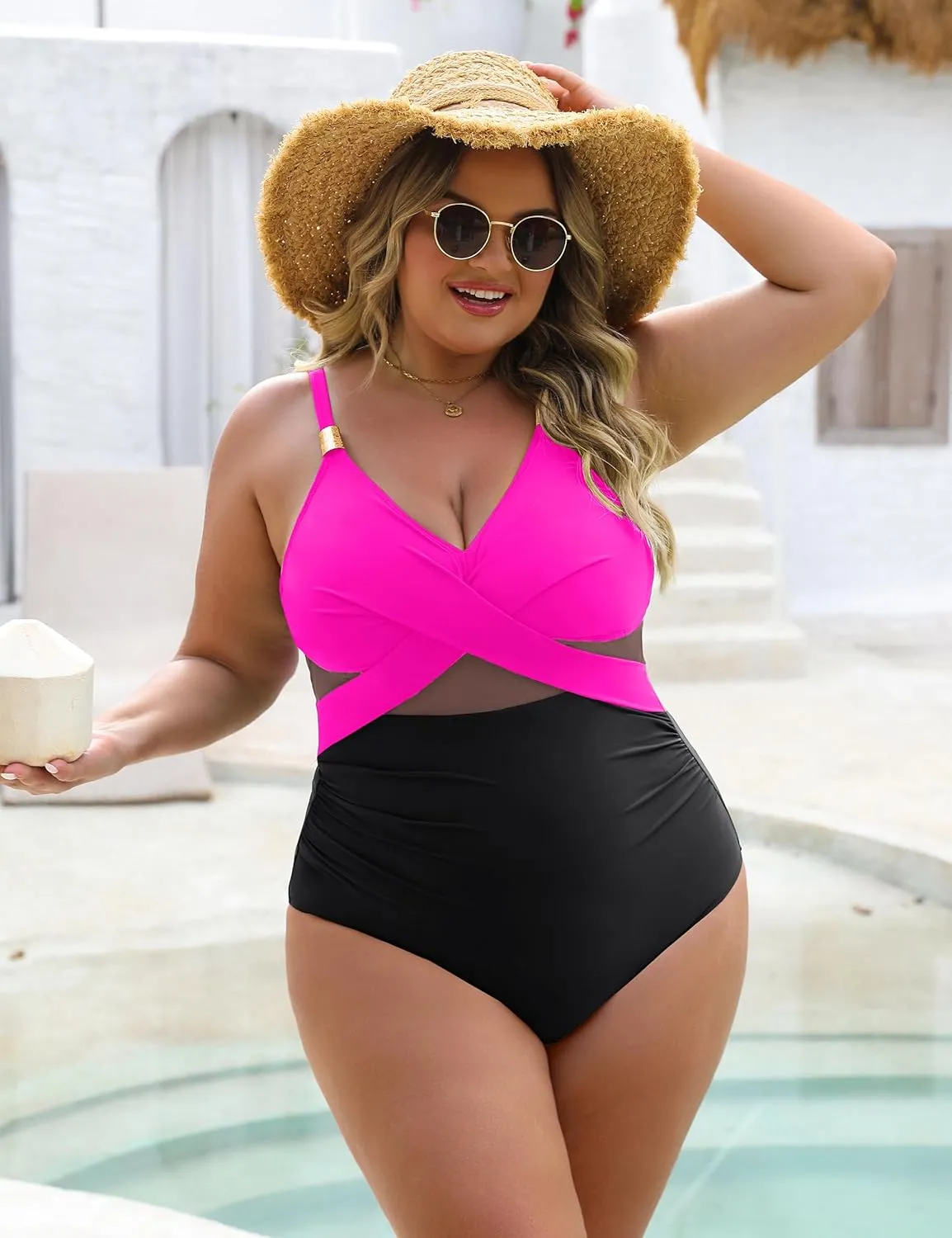 Blooming Jelly Womens One Piece Swimsuit Metal Modest Tummy Control Bathing Suit Slimming Full Coverage Mesh Swim Suits
