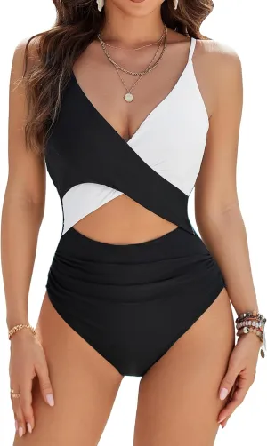 Blooming Jelly Womens One Piece Swimsuit Sexy Tummy Control Bathing Suit Cute Color Block Cheeky Ladies Monokini Swimwear