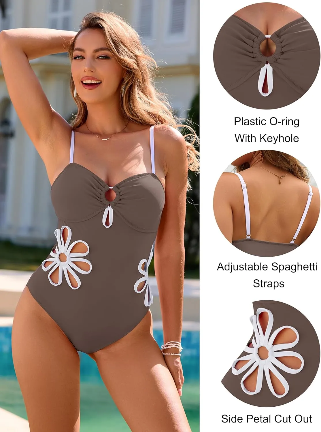 Blooming Jelly Women's One Piece Swimsuit Slimming Color Block High Cut Bathing Suit Cheeky Floral Cutout Swimwear