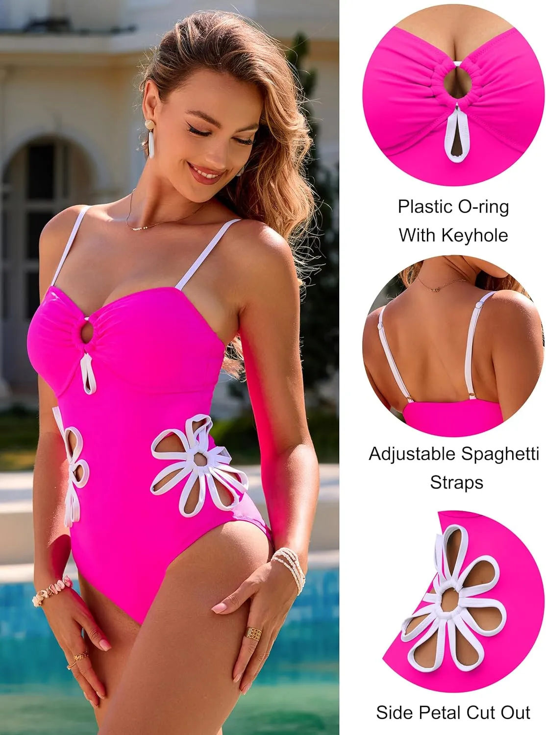Blooming Jelly Women's One Piece Swimsuit Slimming Color Block High Cut Bathing Suit Cheeky Floral Cutout Swimwear