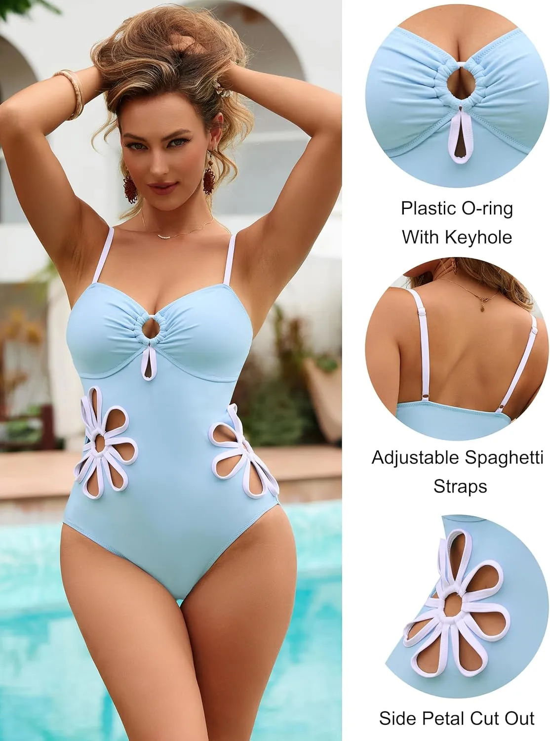 Blooming Jelly Women's One Piece Swimsuit Slimming Color Block High Cut Bathing Suit Cheeky Floral Cutout Swimwear