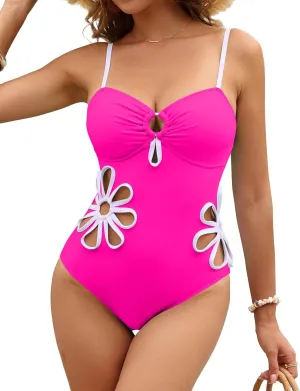 Blooming Jelly Women's One Piece Swimsuit Slimming Color Block High Cut Bathing Suit Cheeky Floral Cutout Swimwear