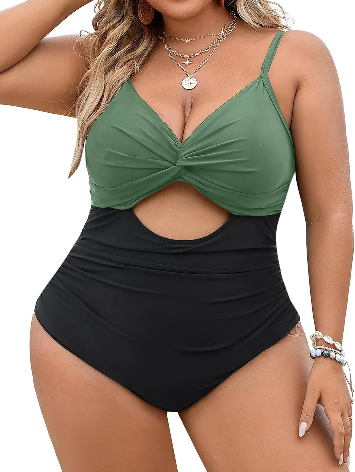 Blooming Jelly Womens Plus Size Bathing Suit Tummy Control One Piece Swimsuit Twist Front Ruched Swimwear
