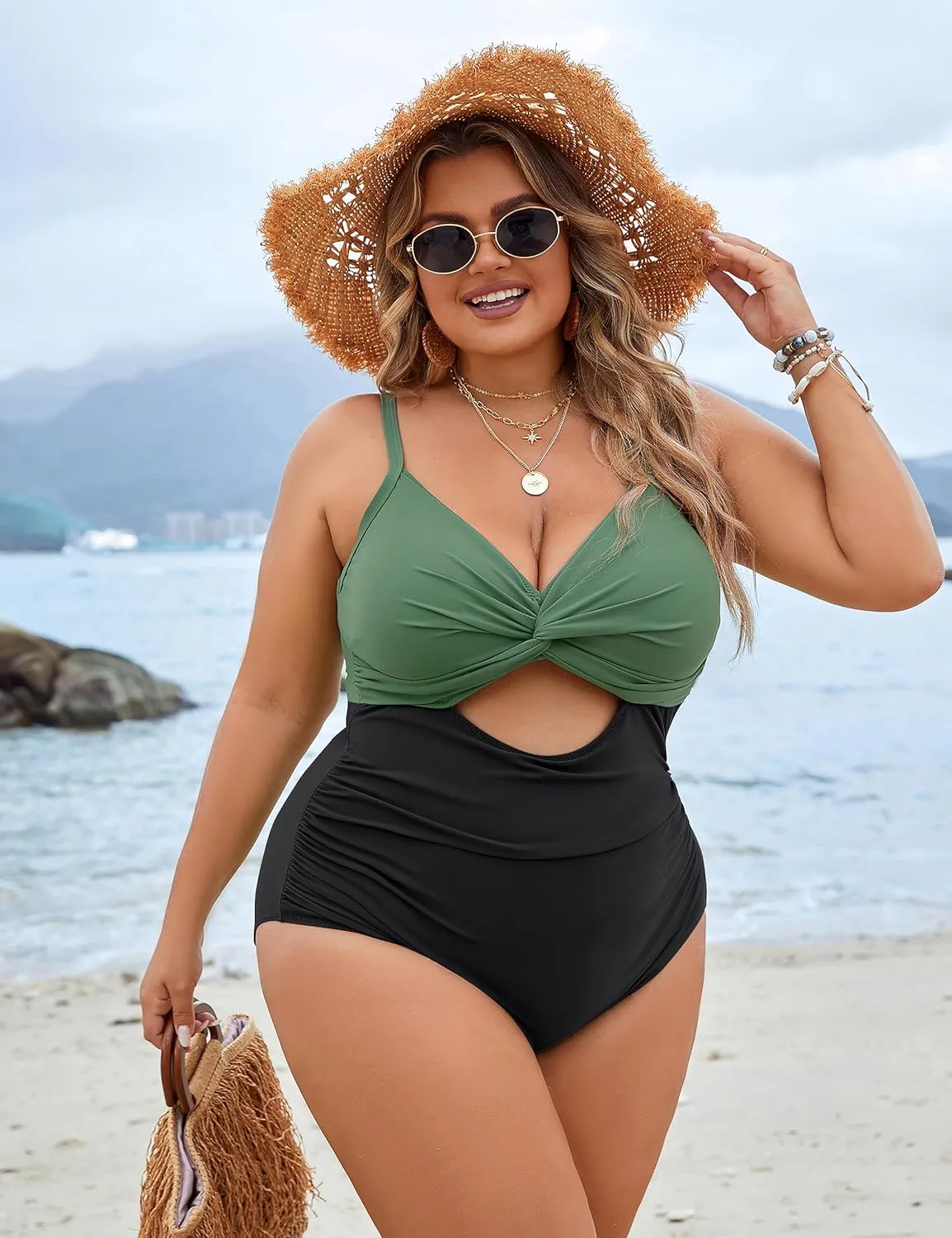 Blooming Jelly Womens Plus Size Bathing Suit Tummy Control One Piece Swimsuit Twist Front Ruched Swimwear