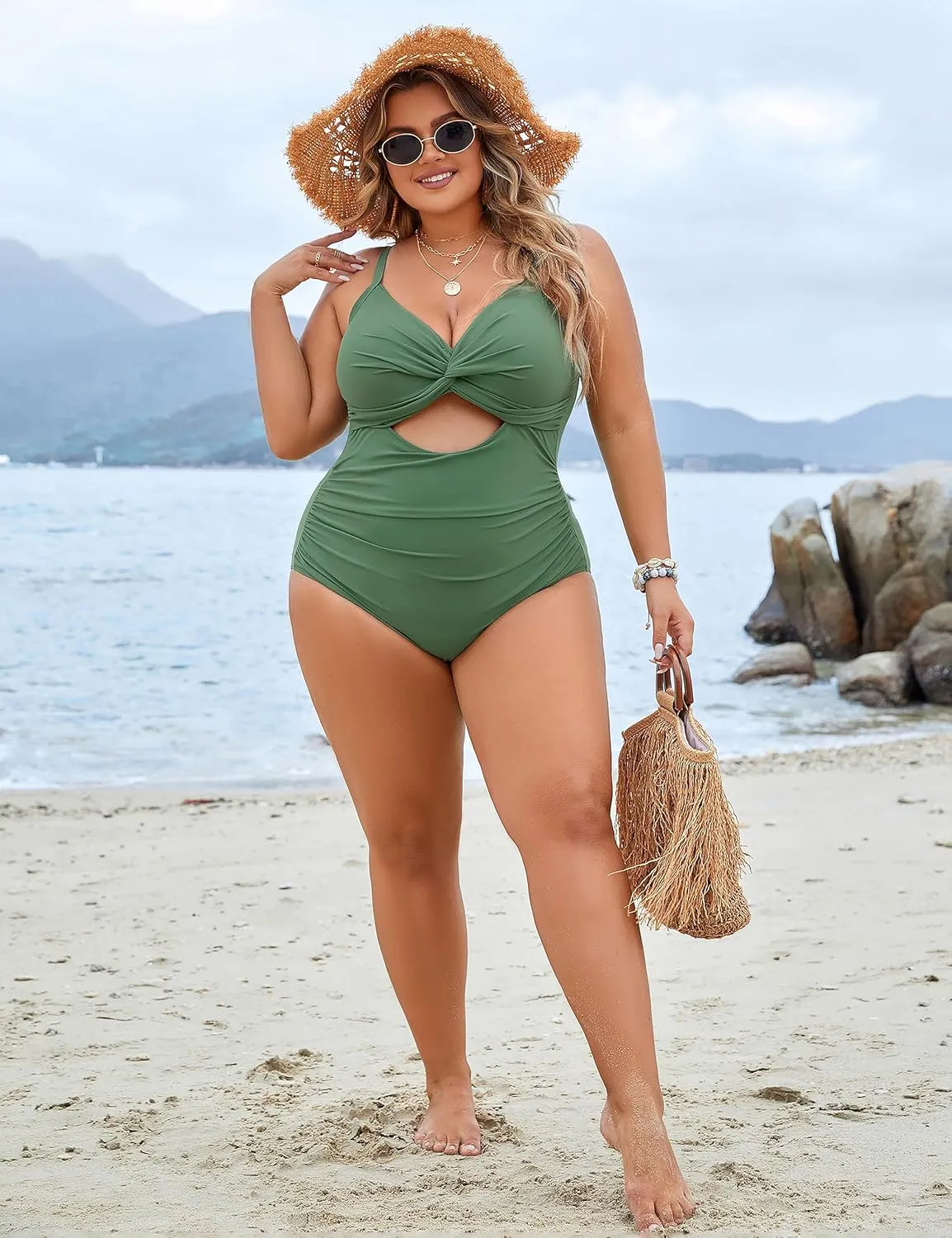 Blooming Jelly Womens Plus Size Bathing Suit Tummy Control One Piece Swimsuit Twist Front Ruched Swimwear