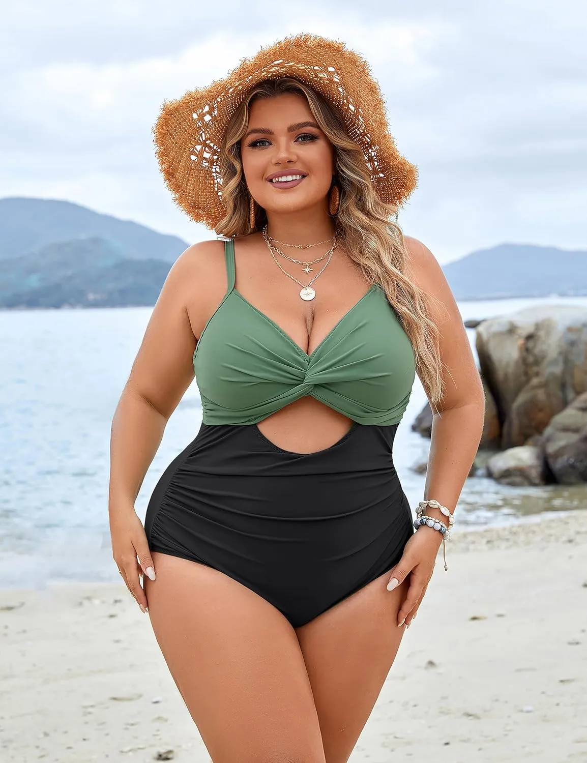 Blooming Jelly Womens Plus Size Bathing Suit Tummy Control One Piece Swimsuit Twist Front Ruched Swimwear