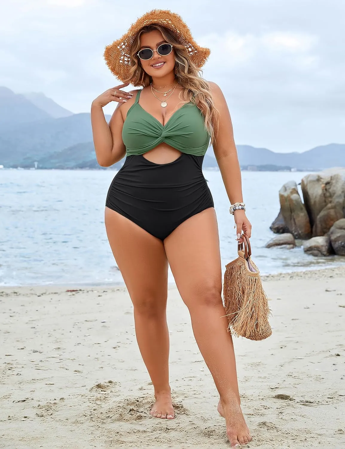 Blooming Jelly Womens Plus Size Bathing Suit Tummy Control One Piece Swimsuit Twist Front Ruched Swimwear