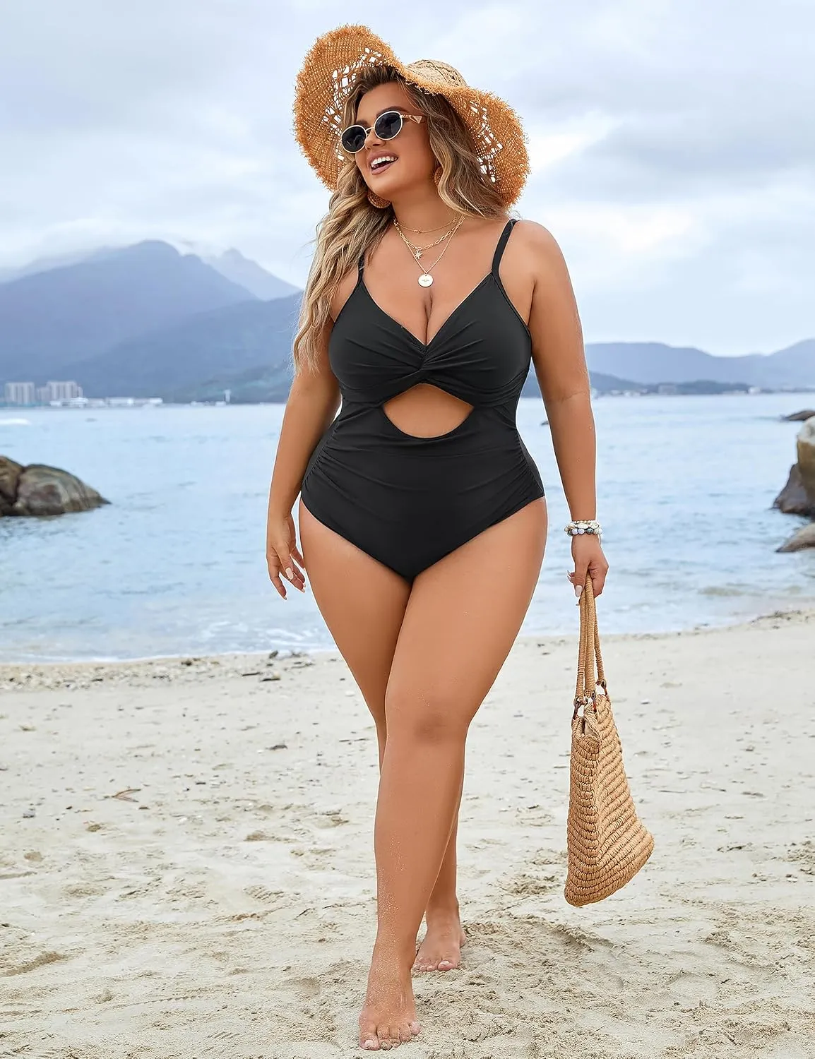 Blooming Jelly Womens Plus Size Bathing Suit Tummy Control One Piece Swimsuit Twist Front Ruched Swimwear