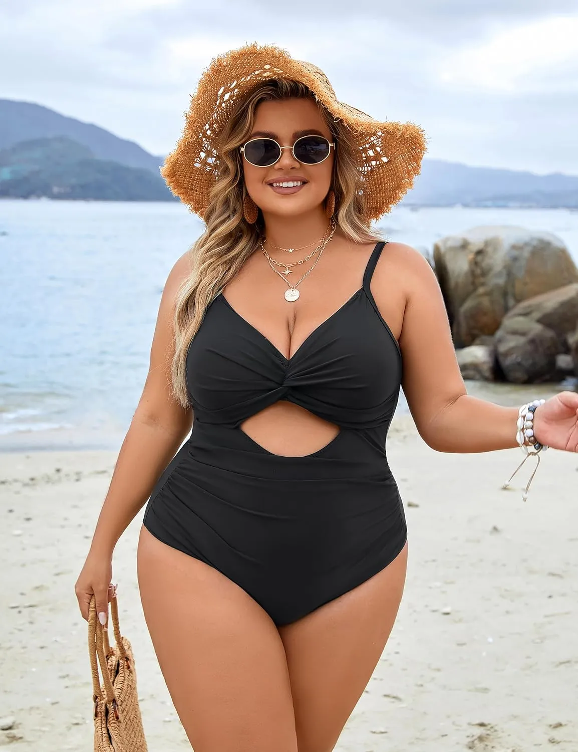 Blooming Jelly Womens Plus Size Bathing Suit Tummy Control One Piece Swimsuit Twist Front Ruched Swimwear