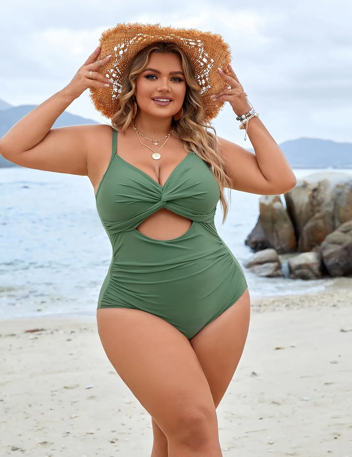 Blooming Jelly Womens Plus Size Bathing Suit Tummy Control One Piece Swimsuit Twist Front Ruched Swimwear
