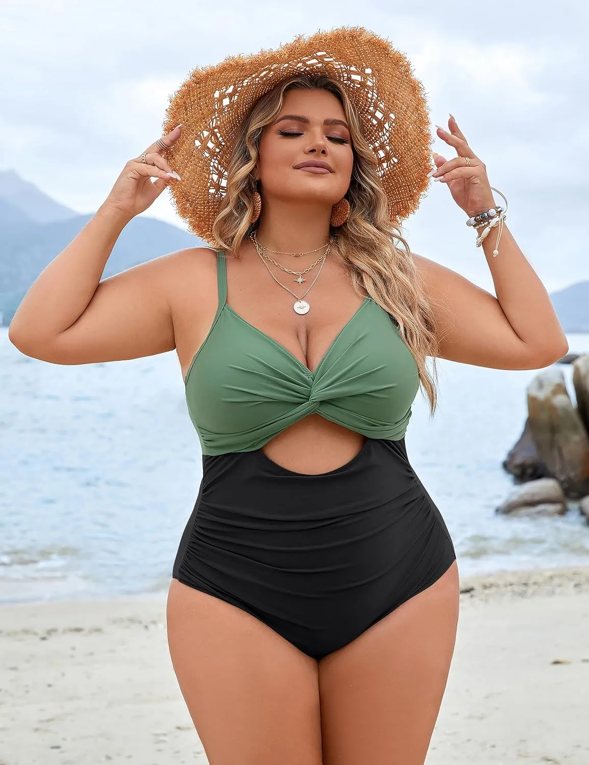 Blooming Jelly Womens Plus Size Bathing Suit Tummy Control One Piece Swimsuit Twist Front Ruched Swimwear