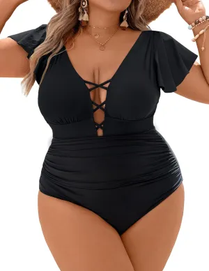 Blooming Jelly Women's Plus Size One Piece Swimsuit Tummy Control Bathing Suit Cute V Neck Maternity Swimwear