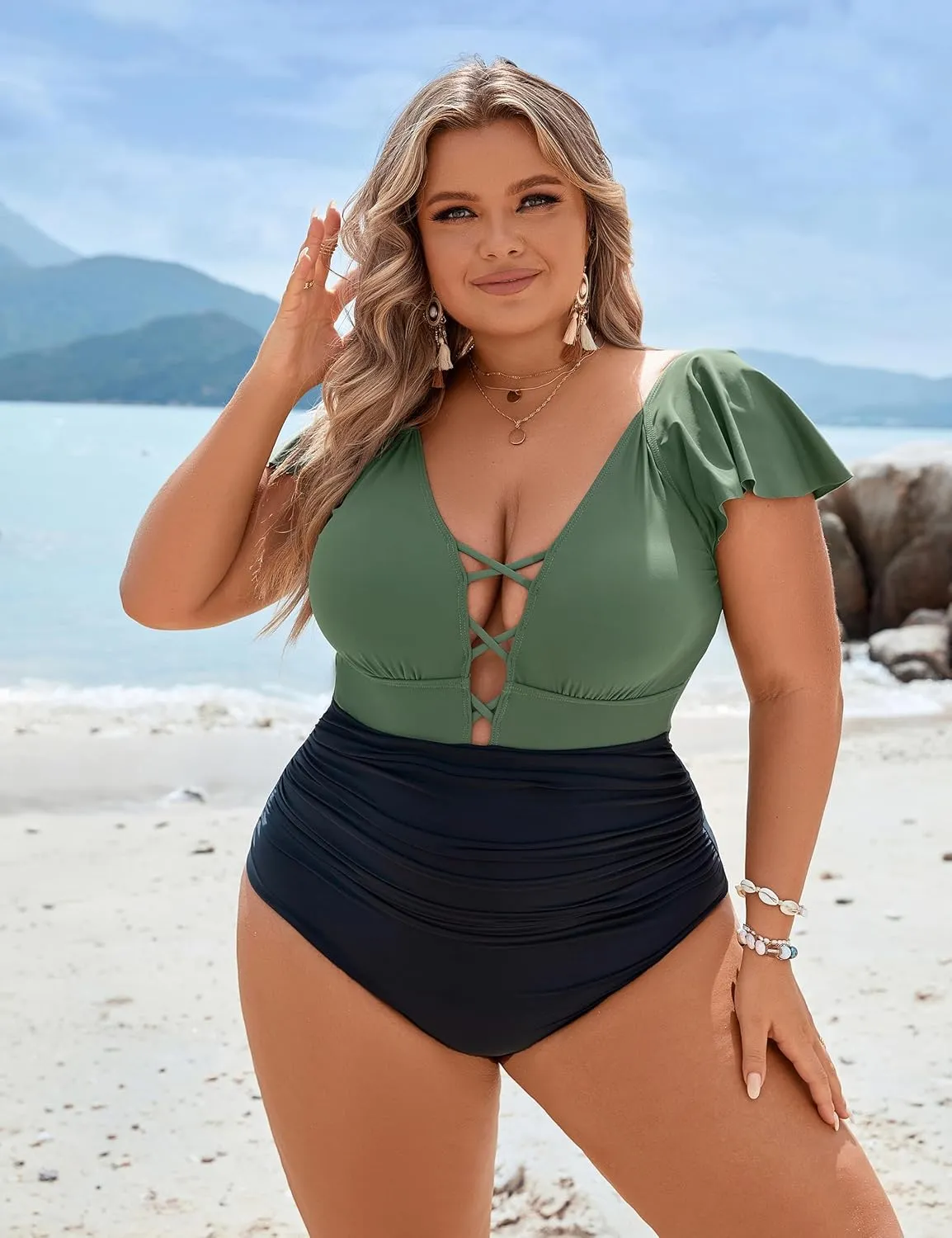 Blooming Jelly Women's Plus Size One Piece Swimsuit Tummy Control Bathing Suit Cute V Neck Maternity Swimwear