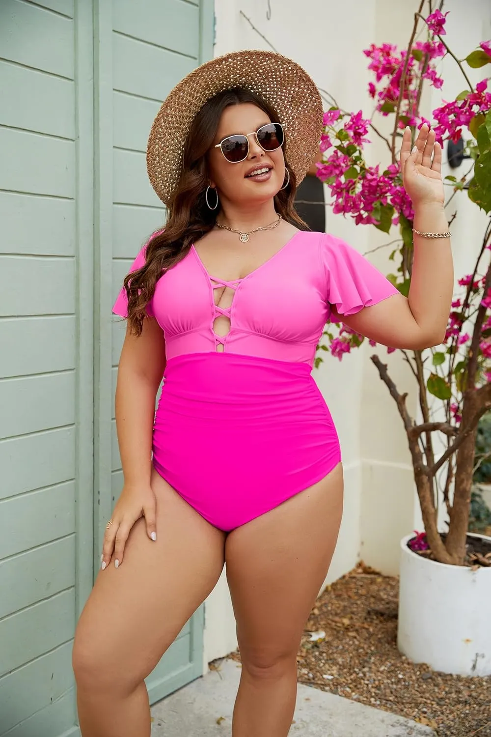 Blooming Jelly Women's Plus Size One Piece Swimsuit Tummy Control Bathing Suit Cute V Neck Maternity Swimwear