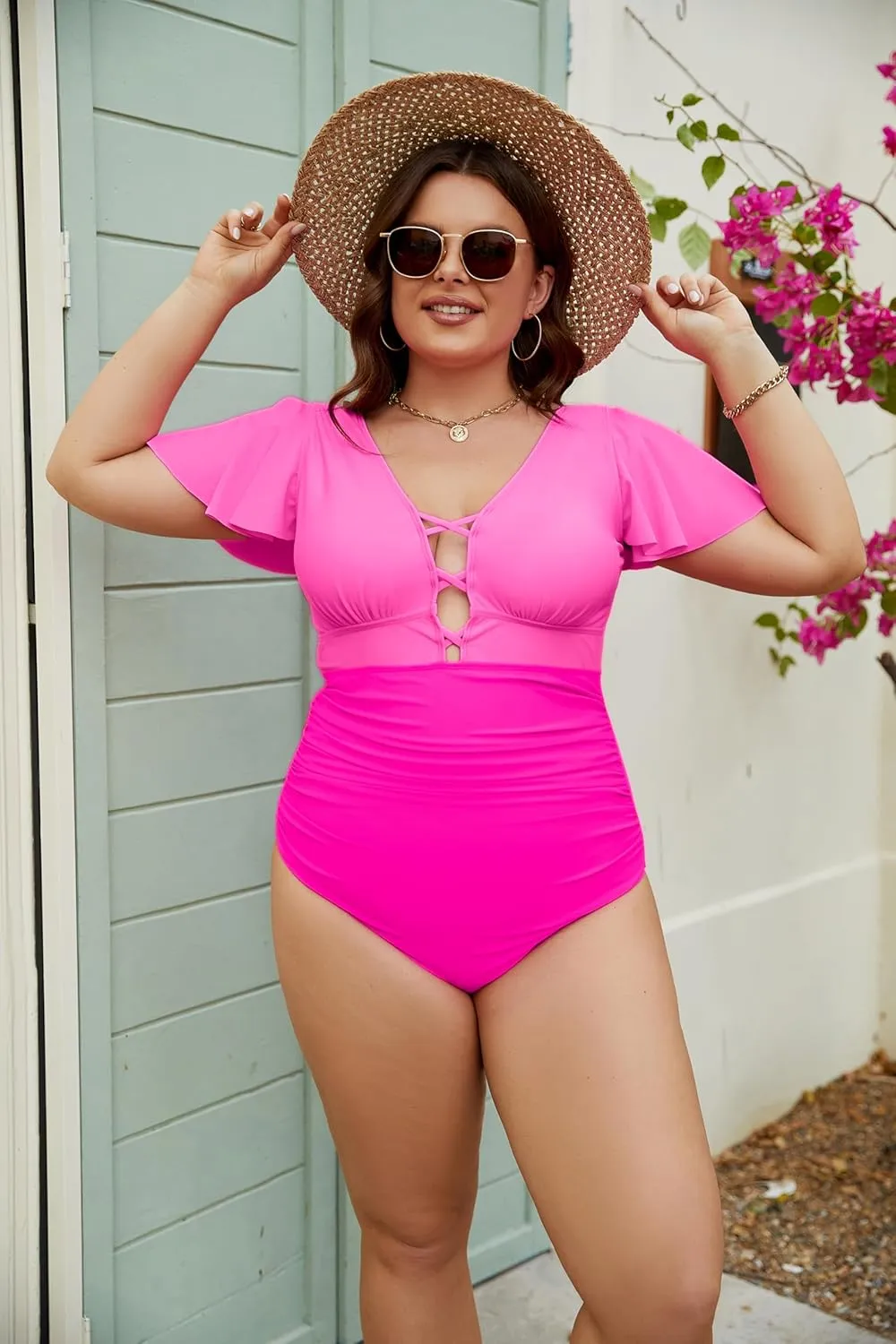 Blooming Jelly Women's Plus Size One Piece Swimsuit Tummy Control Bathing Suit Cute V Neck Maternity Swimwear