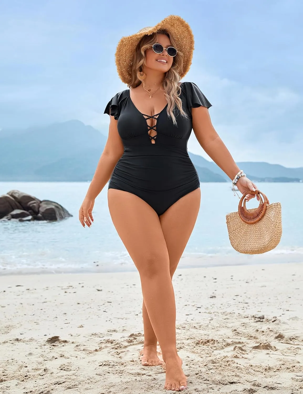 Blooming Jelly Women's Plus Size One Piece Swimsuit Tummy Control Bathing Suit Cute V Neck Maternity Swimwear
