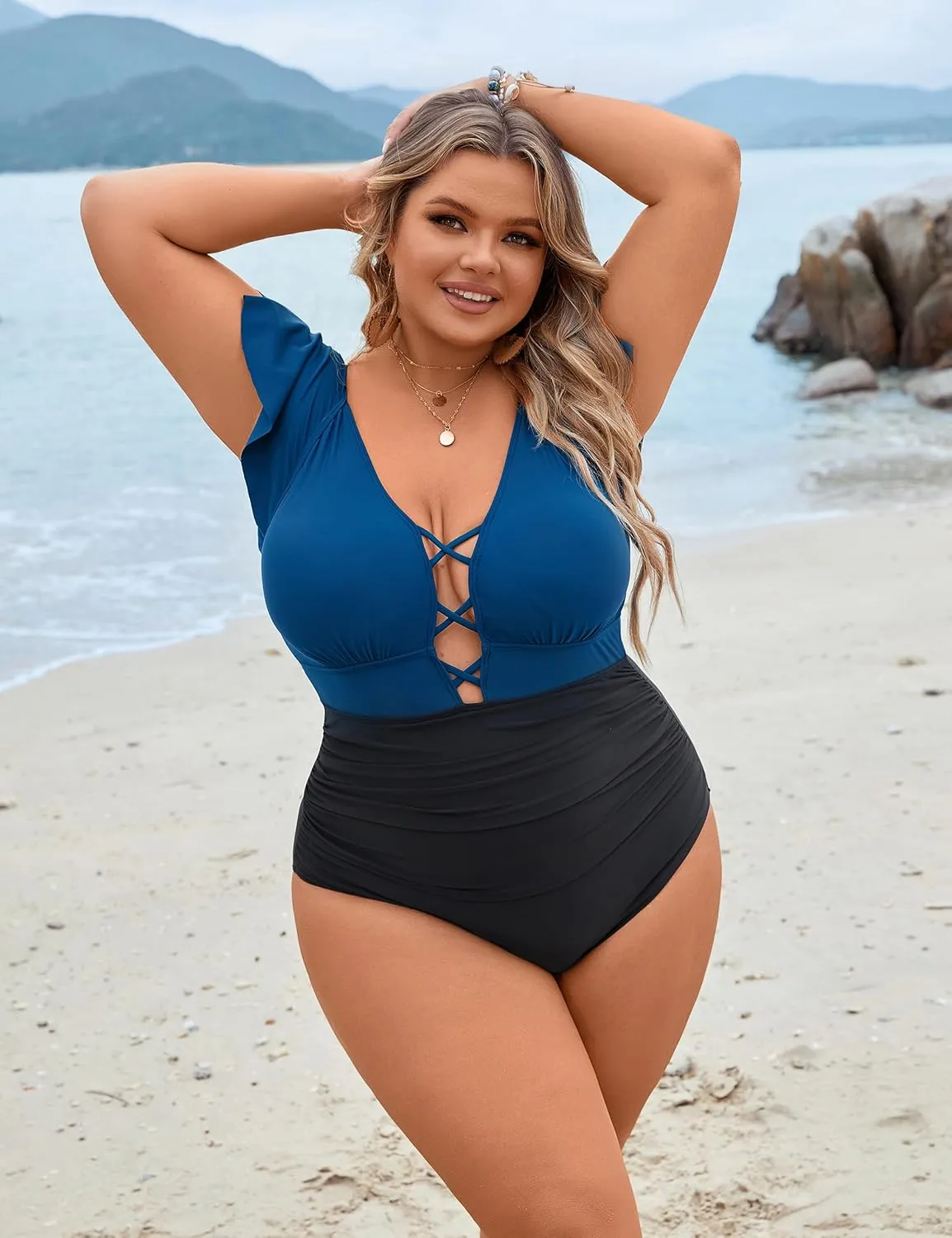Blooming Jelly Women's Plus Size One Piece Swimsuit Tummy Control Bathing Suit Cute V Neck Maternity Swimwear