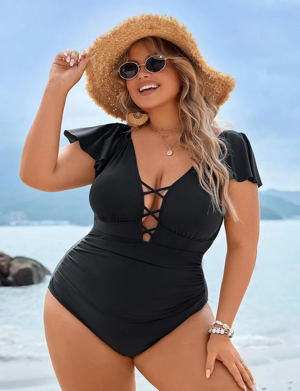Blooming Jelly Women's Plus Size One Piece Swimsuit Tummy Control Bathing Suit Cute V Neck Maternity Swimwear