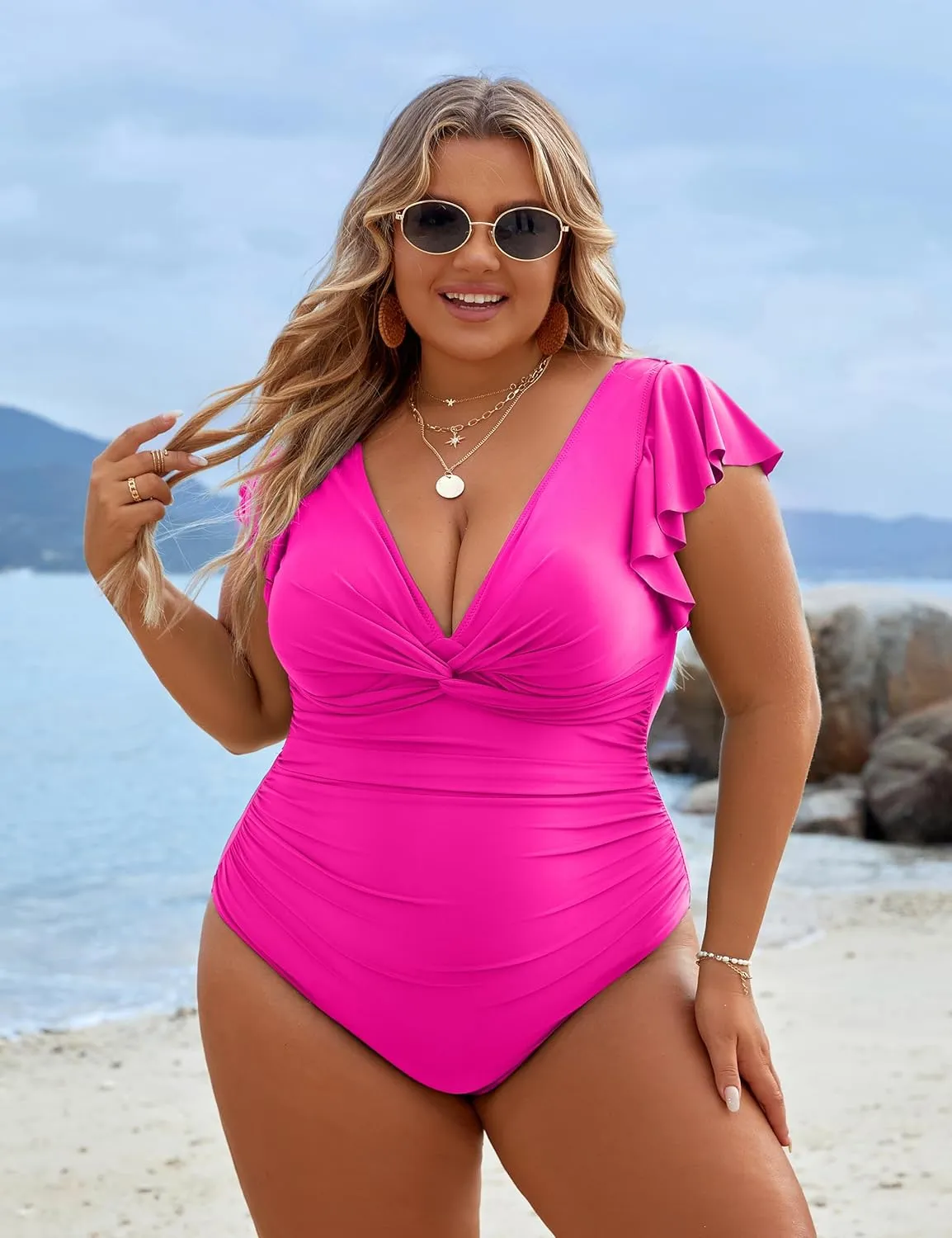 Blooming Jelly Womens Tummy Control Swimsuit V Neck One Piece Bathing Suits Slimming Lace-up Ruffle Swimwear