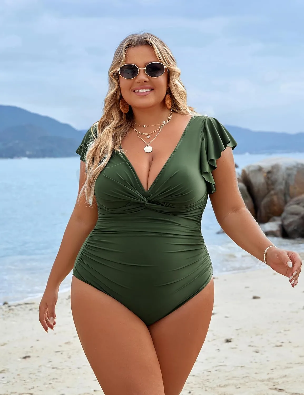 Blooming Jelly Womens Tummy Control Swimsuit V Neck One Piece Bathing Suits Slimming Lace-up Ruffle Swimwear
