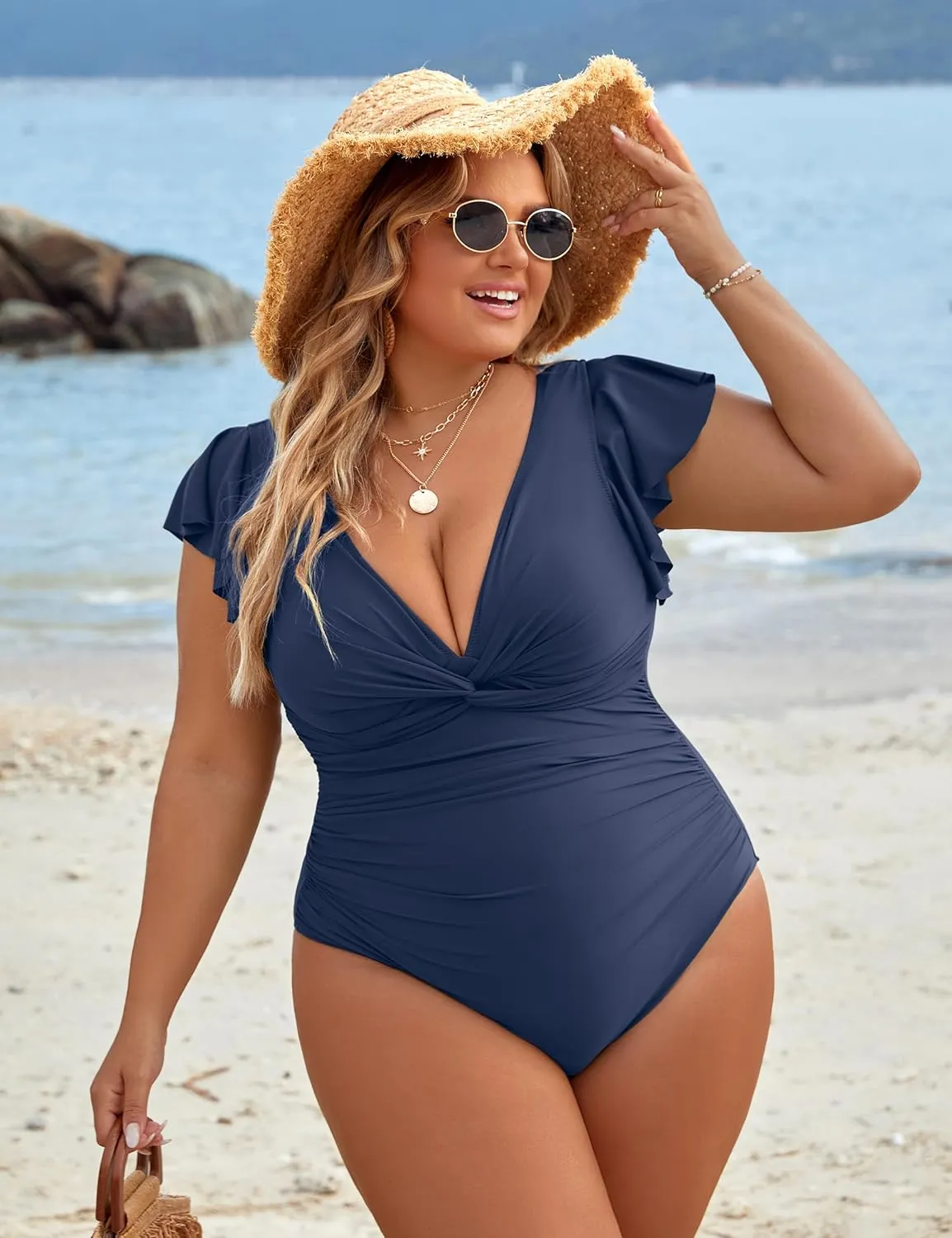 Blooming Jelly Womens Tummy Control Swimsuit V Neck One Piece Bathing Suits Slimming Lace-up Ruffle Swimwear