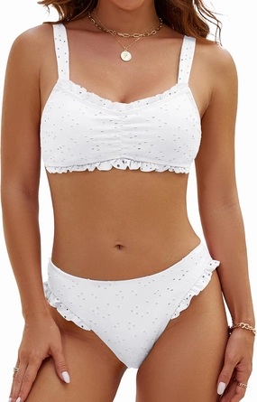 Blooming Jelly Bikini Sets for Women Ruched Bandeau Ruffle High Cut Eyelet Swimsuit 2 Piece Adjustable Strap Bathing Suits