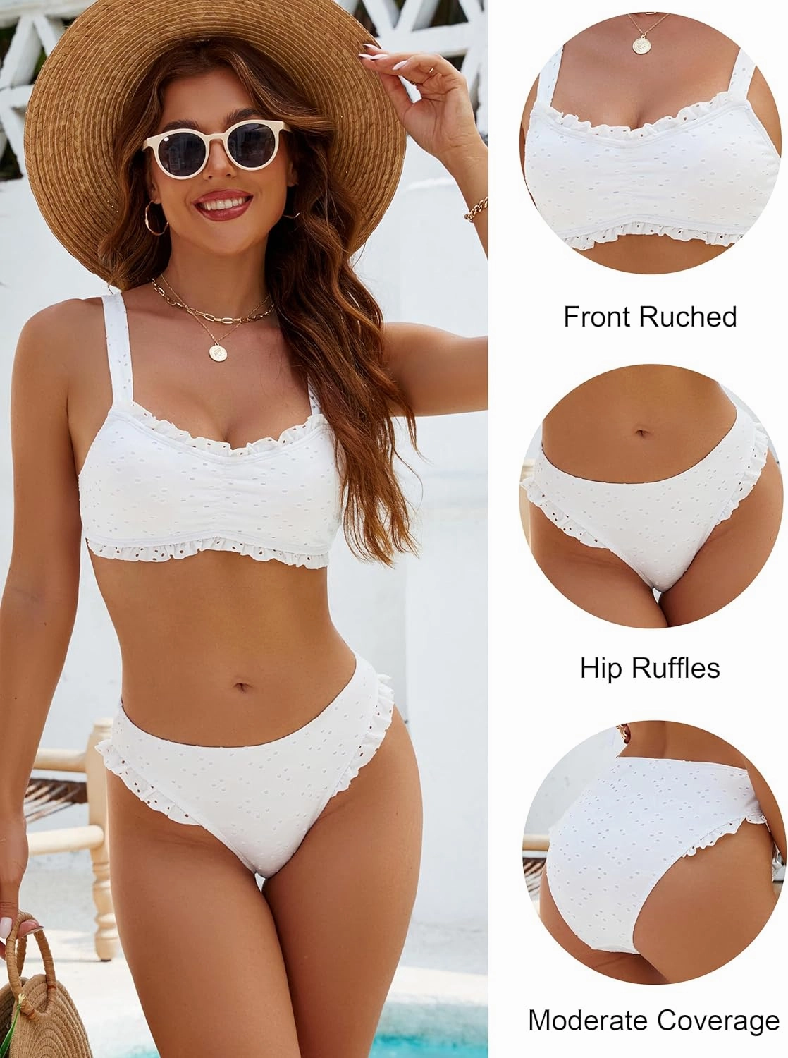 Blooming Jelly Bikini Sets for Women Ruched Bandeau Ruffle High Cut Eyelet Swimsuit 2 Piece Adjustable Strap Bathing Suits