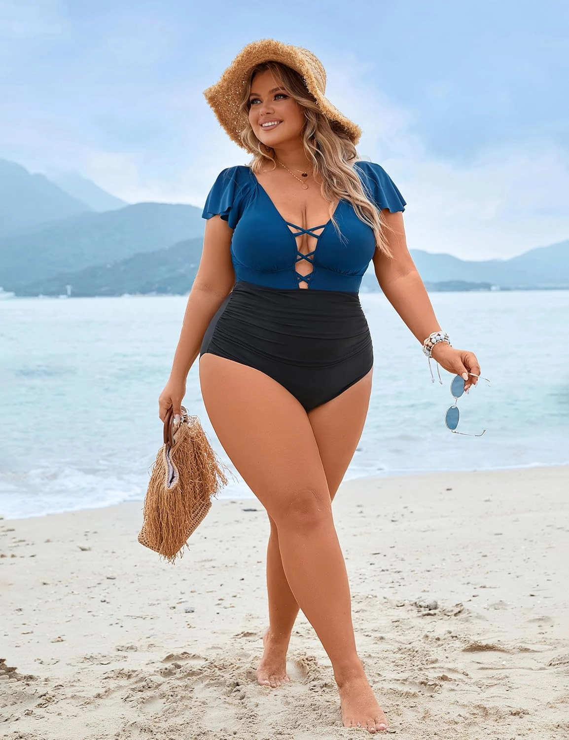 Blooming Jelly Women's Plus Size One Piece Swimsuit Tummy Control Bathing Suit Cute V Neck Maternity Swimwear