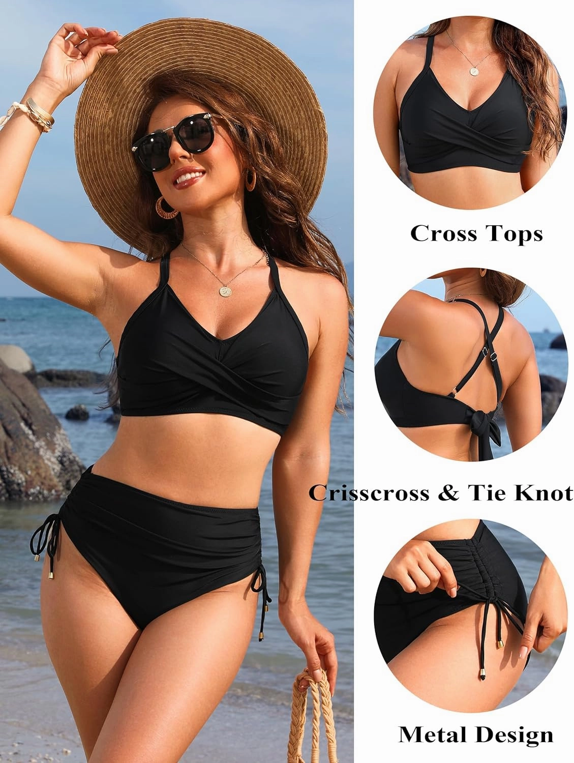 Blooming Jelly Womens High Waisted Bikini Sets Drawstring Tummy Control Swimsuits Crisscross Tie Back Bathing Suit