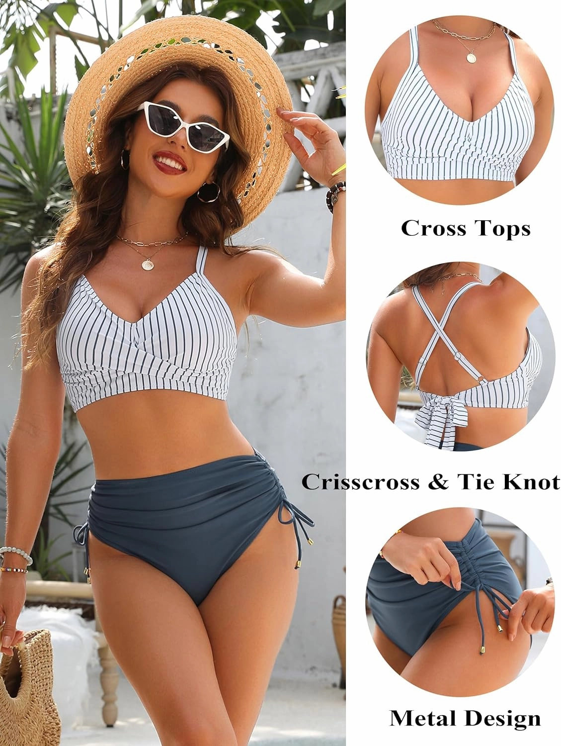 Blooming Jelly Womens High Waisted Bikini Sets Drawstring Tummy Control Swimsuits Crisscross Tie Back Bathing Suit