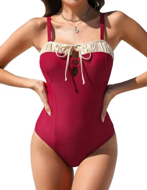 BMJL Womens One Piece Swimsuits Retro Black Tummy Control Bathing Suits Elegent Tie Front Swimwear