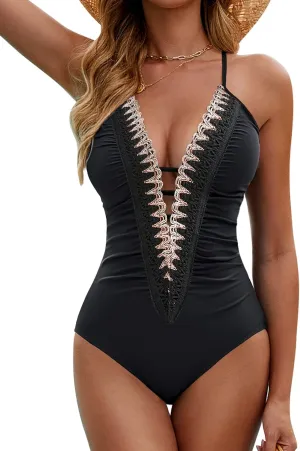 BMJL Women's Sexy One Piece Swimsuit Ruched Tummy Control Bathing Suit Plunge Color Block Swimwear