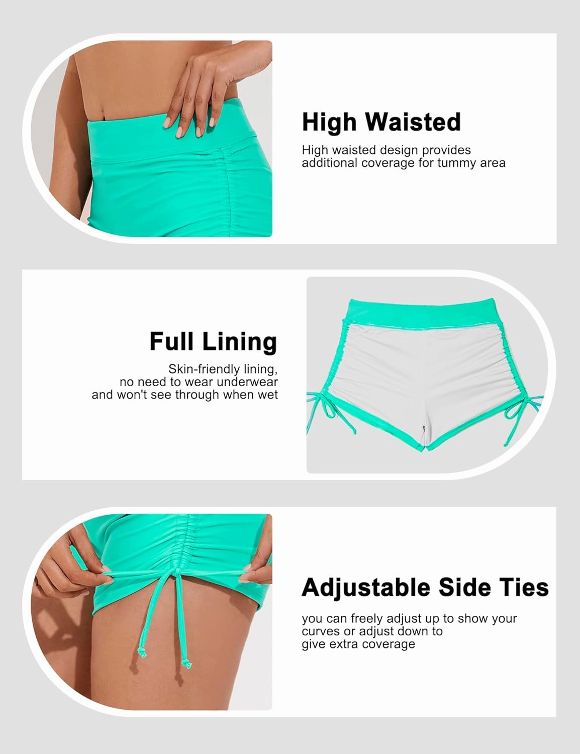 Bonneuitbebe Women's Swim Shorts High Waist Swimsuit Bottoms Adjustable Side Tie Bathing Suit Boyshorts Bikini Board Shorts
